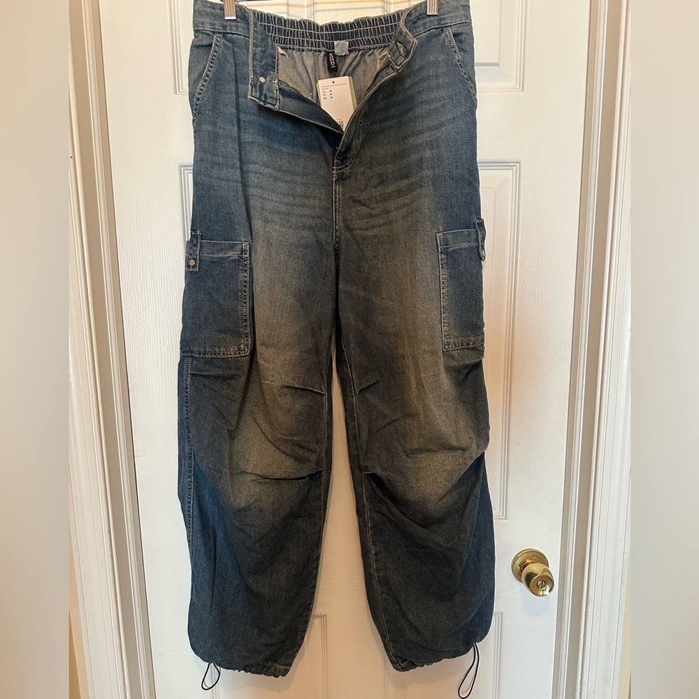 H&M Distressed Denim Parachute Pant Dark Blue Sizes M